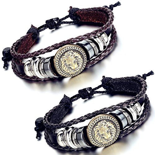 Flongo Lederarmband Männer Armband Damenarmband, Leder Armband Armreif Manschette Schwarz Braun Silber Löwe Tag Ringe Kugeln Surfer Wickeln Geflochten Motorradfahrer Biker Verstellbar 2er Set