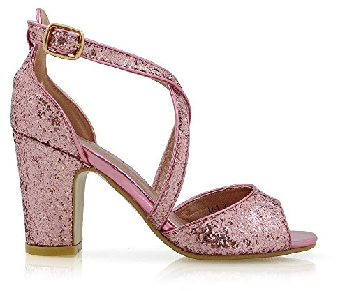 ESSEX GLAM Womens Strappy Sandals Block Mid Low Heel Sparkly Ladies Ankle Strap Glitter Party Evening Bridal Shoes Size 3-8