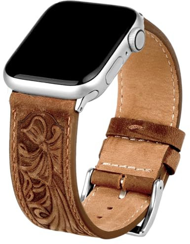 Deeplus for Apple Watch Band Leather 46mm 45mm 44mm 42mm, Handmade Carved Bump Genuine Leather Replacement Strap for iWatch Series 10 9 8 7 6 5 SE, Retro Brown