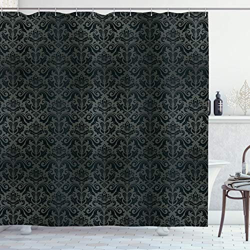 ABAKUHAUS Dunkelgrau Duschvorhang, Schwarze Damast-Blumen, Stoffliches Gewebe Badezimmerdekorationsset mit Haken, 175 x 180 cm, Schwarz Grau