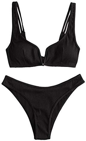 ZAFUL Damen Bikini Set, Zweiteilige Gerippter Bikini-Oberteil mit V-Verkabelung High Cut Bademode Sexy Swimsuit Sommer (Schwarz, M)