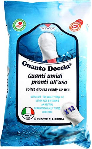 Guanto Doccia® - Lot de gants de douche (12 au total), humides et savonneux pour l’hygiène du corps, prêts à l’emploi, sans rinçage, fabriqué en Italie