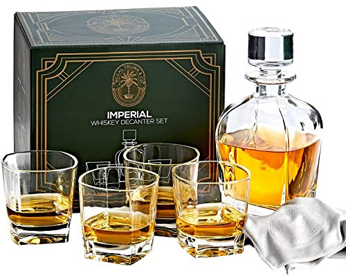 Imperial Whiskey Decanter Set - Regal Trunk Whiskey Glass Set of 4 with Crystal Glass Decanter - Stylish Lead-Free Bourbon Scotch Liquor Dispenser and 4 Rocks Glasses - Glass Polishing Cloth