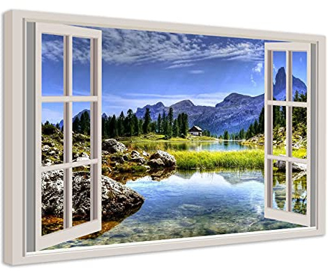 Kunstbruder Bilder Fensterblick Leinwandbild - Blick aus dem Fenster zu Strand Meer und Himmel - Abstrakt Landschaft Wandbild Berge Natur Maritim Insel, (div. Formate) (70x100 cm, mounts 4)