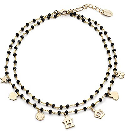 NICANDRA Collana Donna Oro con Cristalli Neri e Ciondoli Dorati - Girocollo Doppio Filo in Acciaio Inossidabile Regolabile 38 a 46 cm - Made in Italy