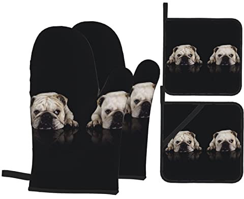 YUMEBLTD Ofenhandschuhe, lustiger Hunde-Bulldogge-Ofenhandschuh und Topflappen für Küche, Kochen, Backen, Grillen