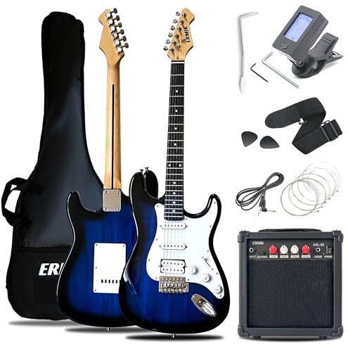 Ermik Solid Body Electric Guitar Kit with Amp 20W, Strings, Strap, Digital Tuner, Picks, Gig Bag, Cable, Tremolo Bar, 39 Full Size Guitar HSS Pickups Guitarra Electrica Beginner Gift - Blue