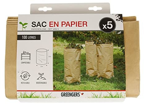 Greengers - Gartenabfallbeutel - 5 grüne Müllsäcke aus kompostierbarem Papier, 100 l, Gartenabfallsack 100 l, Gartensack 100 l – 5 Beutel – biologisch abbaubare Beutel – Durchmesser 45 x Höhe 80 cm