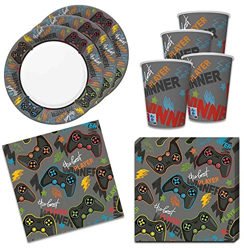 Lot de 36 décorations de table sur le thème du jeu pour garçons et filles pour anniversaire d'enfant et adultes – 8 assiettes, 8 gobelets, 20 serviettes 33 x 33 cm