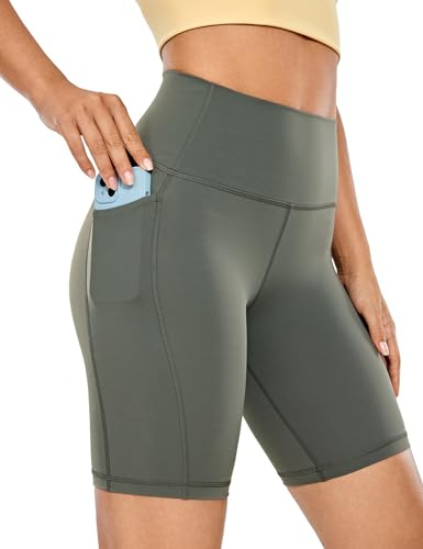 CRZ YOGA Women's Naked Feeling 8'' Yoga Shorts with Pockets - High Waisted Gym Cycling Fitness Shorts Grey Sage 14
