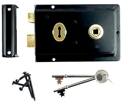 Rim Lock and Cast Iron Door Knobs Ball Oval Octagonal Black Traditional Cottage Set (Rim Lock Only) - 6 x 4 (150mm x 100mm)