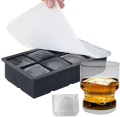 TeQable Premium Large Ice Cube Tray - Big 2-Inch Square Silicone Ice Cube Molds with Removable Lids - Food Grade, Reusable, BPA Free - Ideal for Cocktails Whiskey Fruit Juices (1-Pack,Black)