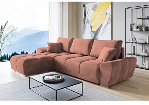ML Furniture Velvet Ecksofa in L-Form – Rosa Sofa – Couch mit Stauraum und Kissen - Ausziehbares Schlafsofa – Sofa mit Schlaffunktion - Schlafsofa mit Bettkasten – Gästebett – 289 x 189 cm