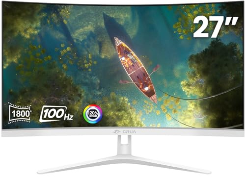 CRUA Monitor curvo bianco da 27 pollici, Full HD (1920 x 1080P), pannello VA 1800R 100 Hz, 99% sRGB, monitor professionali per computer, 3 lati senza cornice, senza sfarfallio, filtro luce blu, per