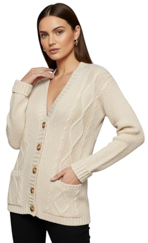 LUXFAB Womens Long Sleeve Button Top Cardigan Chunky Aran Cable Knit Grandad Style Sweater Everyday Casual Warm Knitted Ladies Cardigan UK Sizes 8-26