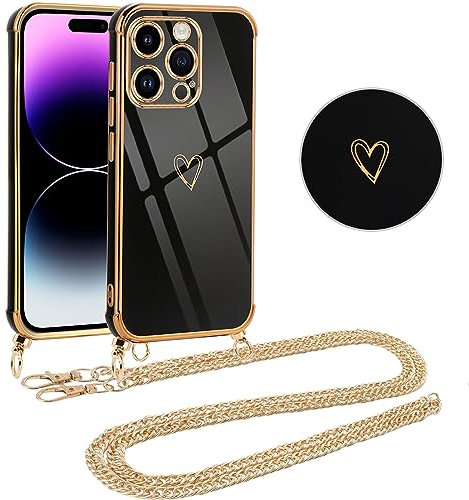 Vauki Mobile Phone Chain for iPhone 14 Pro Max Case with Strap, Mobile Phone Case with Chain, Heart Motif, Ultra Thin Shockproof Aesthetic Case with Cord for Hanging iPhone 14Pro Max 6.7 Inches,