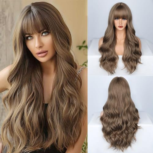 Fulang Hair Lang Braun Wellig Lockige Perücke für Frauen, perücke damen hellbraun, Natürliche synthetische Haar Perücke mit Bangs (hellbraun)