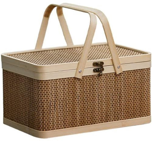 Wlauqueta Picknickkorb aus Bambus mit Deckel Aufbewahrungskorb für Brot und Snacks tragbar