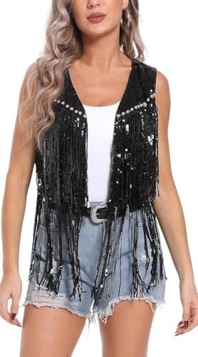 FEOYA Women's Sequin Waistcoat Glitter Fringe Vest Festival DiscoTop S-L | Cowgirl Gilet Sleeveless Jacket Vintage Western Prom Rave Party