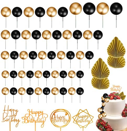 58 PCS Ball Cake Topper and Decorations - Black and Gold Mini Foam Balls Cupcake Topper Balloon Cake Picks for Birthday Party Wedding Supplies