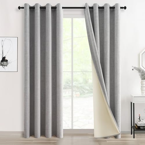 Topfinel Gardinen Wohnzimmer Vorhänge Blickdicht mit Leinen Optik Gardine Schals Vorhänge gegen Kälte Curtains Blackout Vorhang 240 cm 2er Set 140 cm Deko Schlafzimmer Salbeigrau