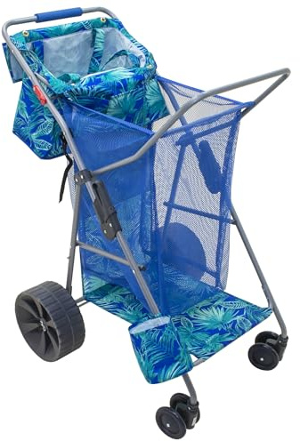 Tommy Bahama Wonder Wheeler Deluxe Faltbarer Strandwagen, tragbarer Caddy für Handtücher und Strandzubehör, speichert 48 Quart Kühler und 4 Stühle, Blau
