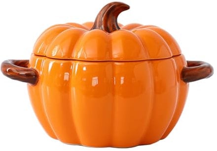 Stock Pot with Lid, 1.9L Ceramic Pumpkin Casserole Dish with Lid, Large Soup Bowl with Dual Handles, Dishwasher & Microwave Safe, Pumpkin Soup Pot for Halloween Christmas Thanksgiving (Orange)