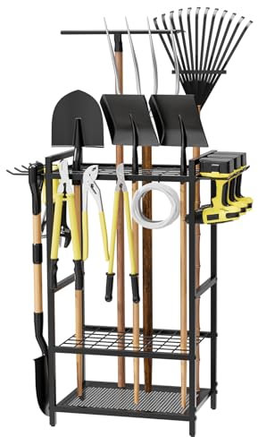 Homsorout Garden Garage Tool Organizer - Yard Tool Organizer for Garage with 4 Hooks, Heavy duty Steel Garden Tool Rack Holds up to 48 Long Handled Yard tools for Storage