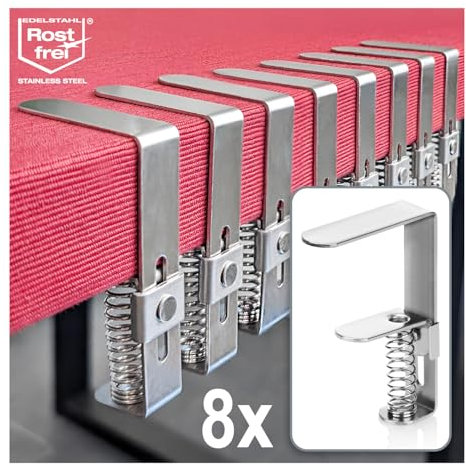 com-four® 8X Premium Tischdeckenklammer aus Edelstahl - Tischklammern mit Feder für Tische mit Einer Stärke von 2,7-5,5 cm - Tischtuchklammer rostfrei für drinnen und draußen