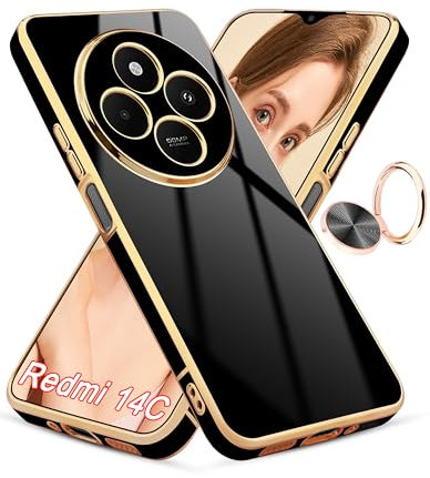 Jusy für Redmi 14C/Xiaomi Poco C75/Redmi A4 5G Hülle, mit 360° Drehbarem Ring Magnetständer, Luxuriösem Hochglanz Finish und Galvanisierter, Stoßfester Schutzhülle für Das Telefon,Schwarz/Gold