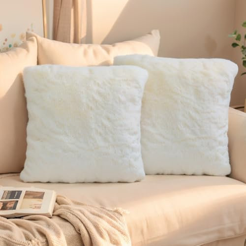 FeinKulturia Kissenbezug 50x50cm Künstlicher Kaninchenpelz 2er Set Weich Flauschig Deko Kissenhülle Luxus Plüsch Kissenbezüge für Sofa Schlafzimmer Zuhause Zierkissenbezüge Cremeweiß Dekokissen