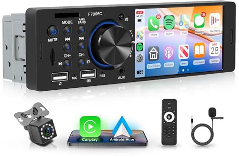 Rimoody A-pple Carplay Radio de Coche 1 Din con Android Auto iOS/Android Mirror Link 4 Pulgadas Pantalla Táctil Radio Coche con Bluetooth FM/RDS Radio USB/AUX/EQ/DVR Comandos al Volante Cámara Trasera