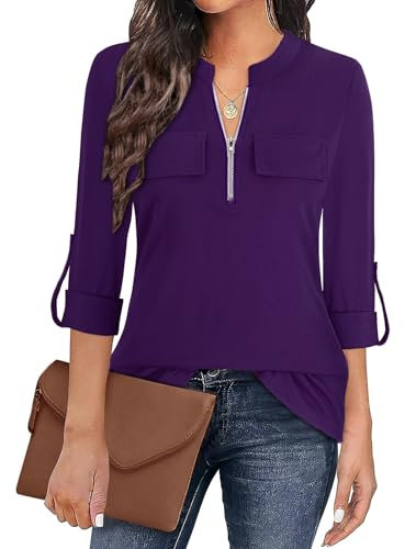 Gemulate Purple Tops for Women UK Long Sleeve Blouse with A Zip 3/4 Sleeve Tops for Women UK V Neck Cotton T Shirt Plus Size Polo Tunic Work Dark Purple XXXL