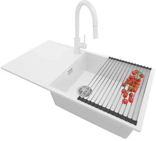 PRIMAGRAN Spülbecken Weiß 90x50cm, Spülbecken 1 Becken + Küchenarmatur 40x20cm + Zuberhor-Set, Küchenspüle ab 60er Unterschrank - Ibiza S061