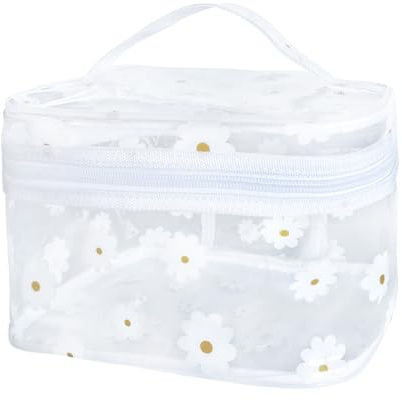 TotePrint wasserdichte Kosmetiktasche mit Blumenmuster, Wasserdicht, 22x14x14 cm, Transparente Kulturtasche mit Reißverschluss (Clear + weiße Blumen)
