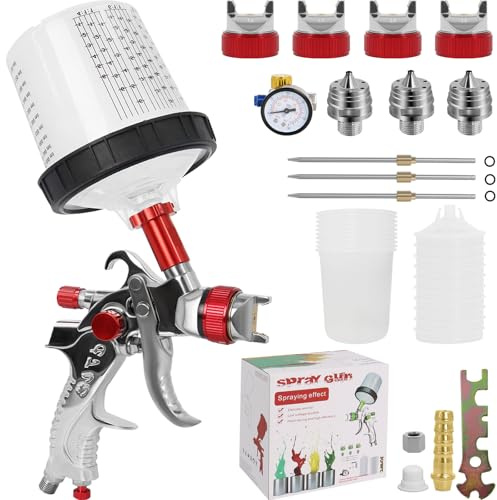 HVLP Spray Gun Kit with 4 Nozzles (1.4/1.7/2.0/2.5mm), 10 Disposable 600ml Paint Cups & Air Pressure Regulator, Automotive Gravity Feed Paint Sprayer Gun for Car, Furniture & DIY Painting（Red）