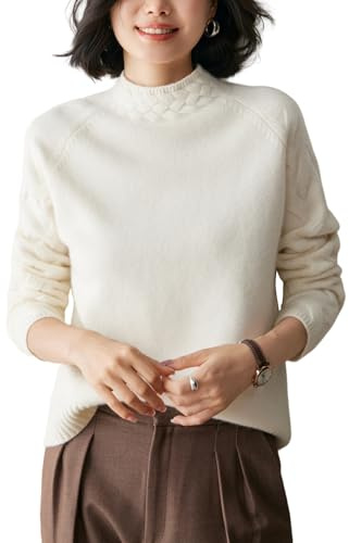DISSA Pull Cachemire Femme Col Montant Uni Tricoté en Vrac Manches Longues épais Pull en Cachemire et Laine,Ecru,EU 40,MY25218