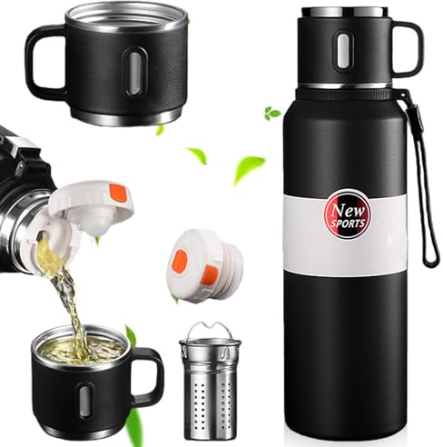 Termo con filtro de capas, termo de acero inoxidable de 1,5 l, termo con vaso, botellas aisladas al vacío a prueba de fugas para viajes, funda y cepillo para vasos, deporte, café (negro)