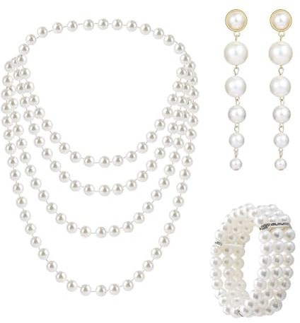 dinghaole 3 Stück Perlen Schmuck Set für Damen, Vintage Imitation Perlen Schmuck Set, 1920er Perlenkette 1920er Accessoires Perlen Set für Party Abschlussball Hochzeit Festival