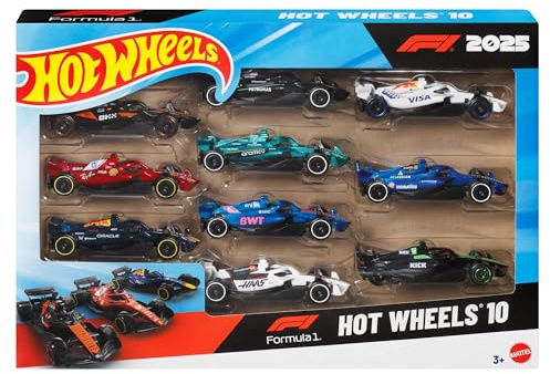 Hot Wheels Formula 1 2025 Confezione da 10 | Set di 10 modelli di auto da corsa die-cast in scala 1:64, per ogni team F1, dettagli autentici, gioco o esposizione, JMM24