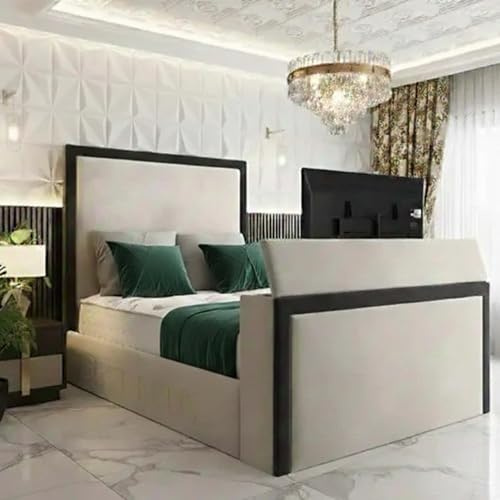 ark future Romi Upholstered TV Bed Frame with Motorised TV Lift, Black Border Design, Remote Controlled Footboard, Optional Ottoman Storage (Grey Plush Velvet, 3ft Single)