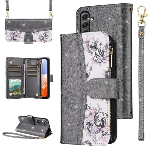 ELISORLI for Samsung Galaxy S26 5G Floral Wallet Case with Flip Zipper Purse Wrist/Shoulder Strap, Luxury Glitter PU Leather Card Holder Stand Accessories Cell Phone Cover for S 26 26S Women Black