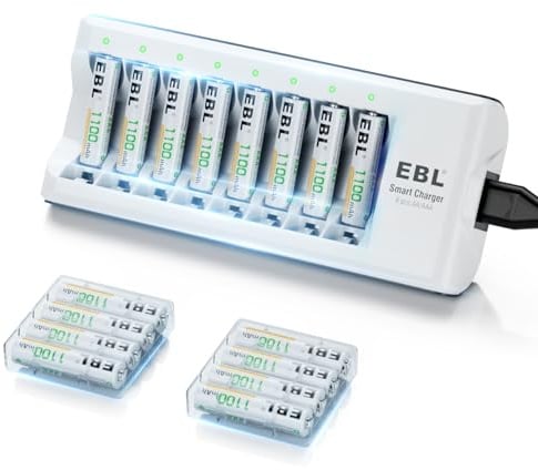 8-Slot Independent Battery Charger AA AAA for Ni-MH Ni-CD Rechargeable Batteries (1100mAh 16AAA+Charger)