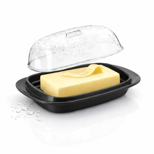 Berossi Beurrier en plastique avec couvercle pour 250 g de beurre – Convient pour réfrigérateur – Passe au lave-vaisselle – Couvercle transparent avec décor floral et poignée | Cloche à fromage