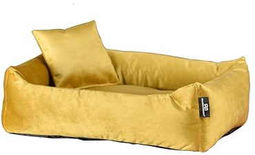 Rohrschneider Kuschelsofa Samt für Haustiere, mit hohem Rand und herausnehmbarem Innenkissen, 100% Polyester, waschbarer Bezug, Antirutsch-Unterseite, Versch. Größen und Farben (Senf, M: 70x49x15cm)
