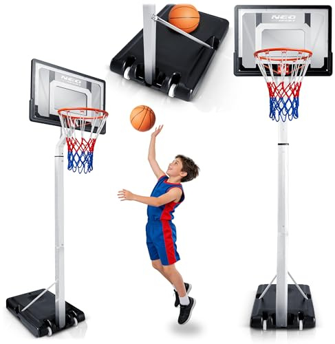 Neo-Sport Basketballkorb für Kinder und Erwachsene - mit Ständer - höhenverstellbar 1,5-2,6 m - mobil mit Rollen - für Garten und Einfahrt - PVC Backboard 82x59 cm - Schwarz Weiß