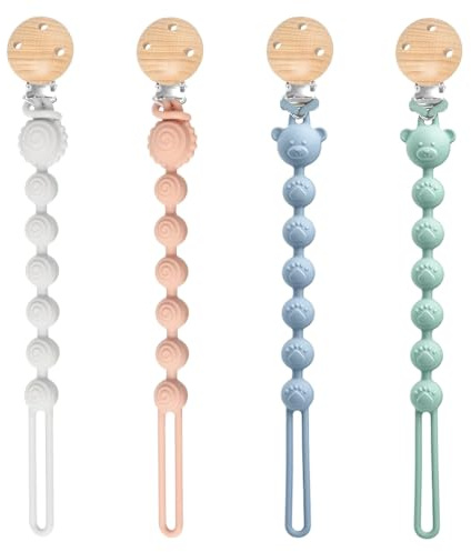 Lot de 4 pinces à tétine en silicone pour bébés garçons et filles, clips de tétine en bois, clips pour tétine et anneau de dentition, design 2 en 1, sans BPA