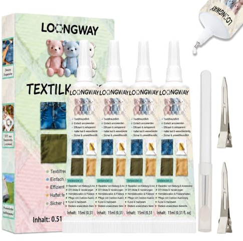 Colla per tessuti, 4 pezzi da 15 ml, nessuna cucitura necessaria, colla speciale per tessuti per cotone, jeans e molto altro ancora, adatta per tessuti ruvidi, resistente al lavaggio e alla stiratura