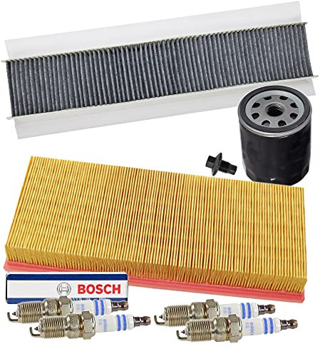 BESTPRICE Inspektionspaket Filterset mit 1x Luftfilter, 1x Innenraumfilter (Pollenfilter) mit Aktivkohle, 4x Zündkerze Super plus HR7KPP33+, Kompatibel mit FORD MONDEO 3 Mk3 (B5Y) (B4)(BWY)