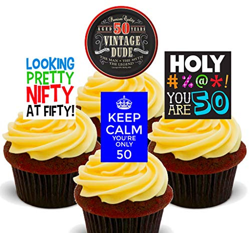 50th Birthday Male, Funny Edible Cupcake Toppers - Stand-up Wafer Cake Decorations (Pack of 24)